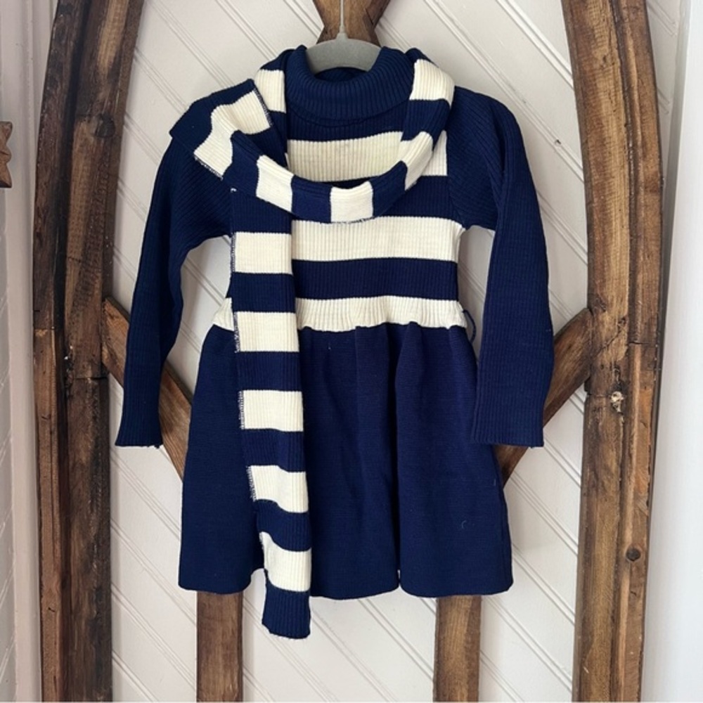 Vintage Ribbed Knit Nautical Striped Dress & Scarf Set 18/24m
